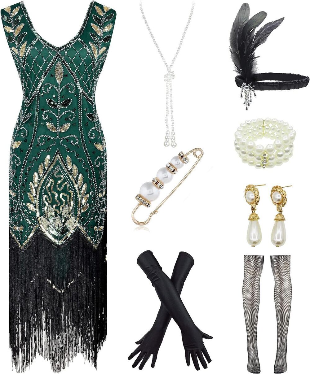 6389 1920s Gatsby V-Neck Sequin Art Deco Flapper Dress with 20s Accessories